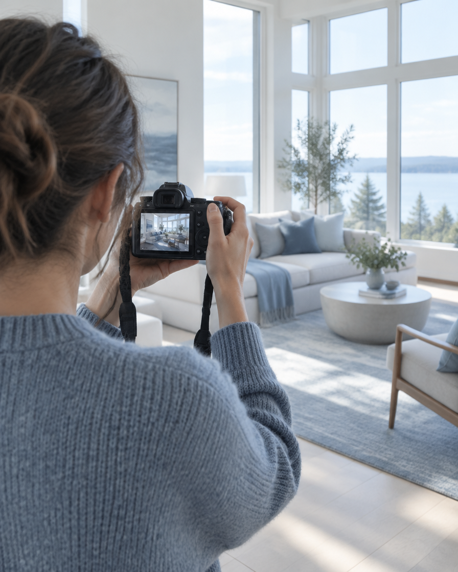Photographer framing a bright home interior