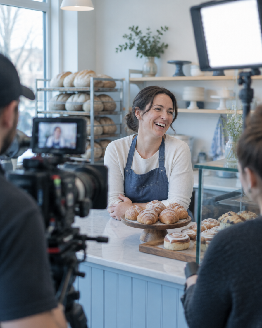 Bakery owner laughing while a small crew films her