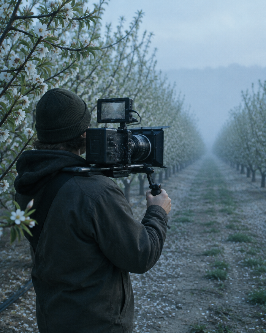 Cinematographer filming in an almond orchard at dawn