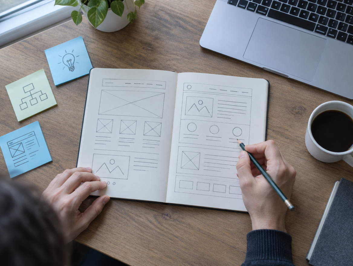 Hands sketching website wireframes in a notebook