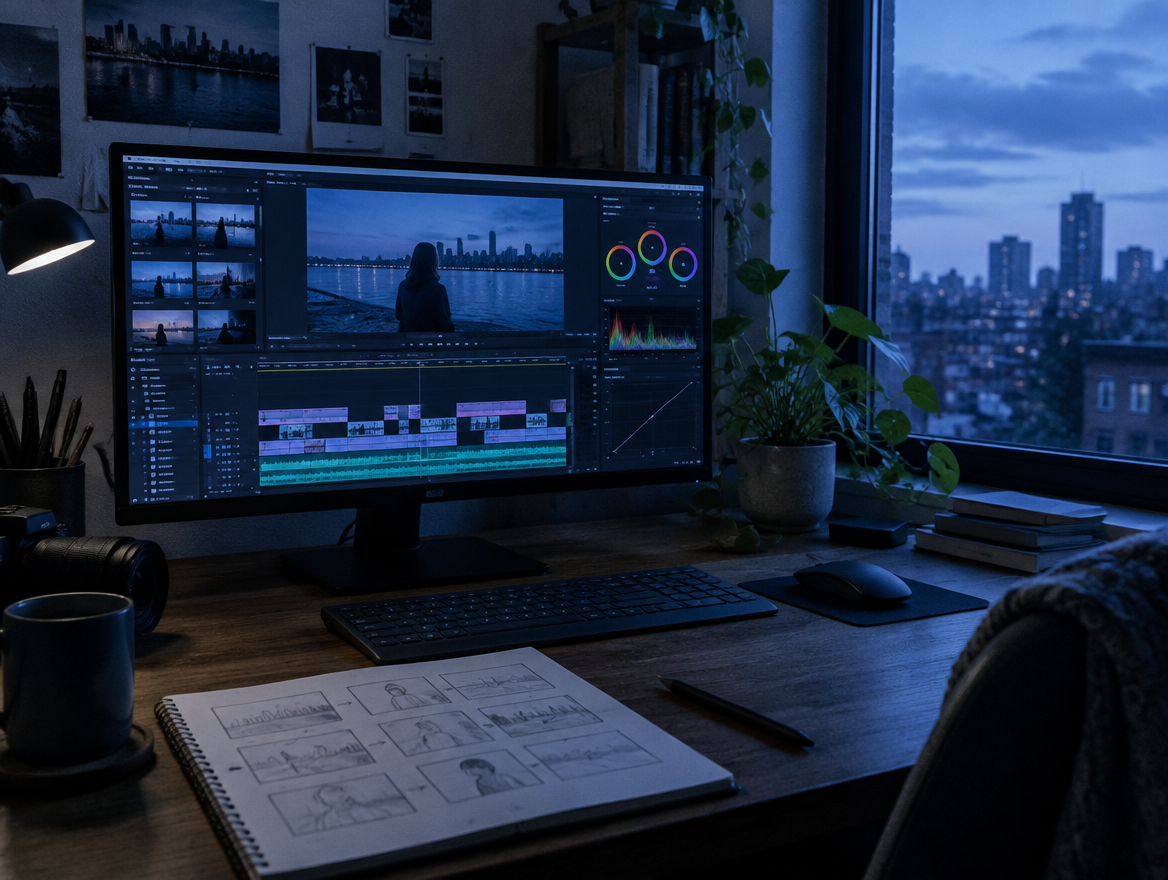 Video editing timeline next to a hand-drawn storyboard