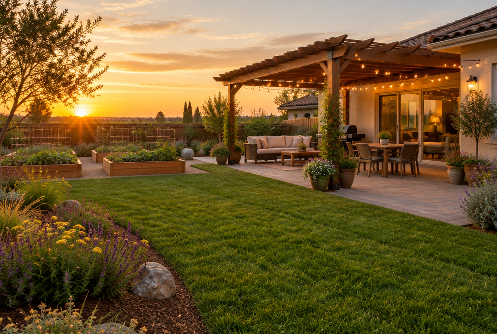 Finished backyard with pergola and string lights at golden hour