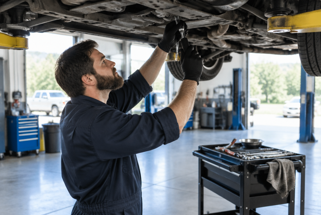 Mechanic working under a car on a lift