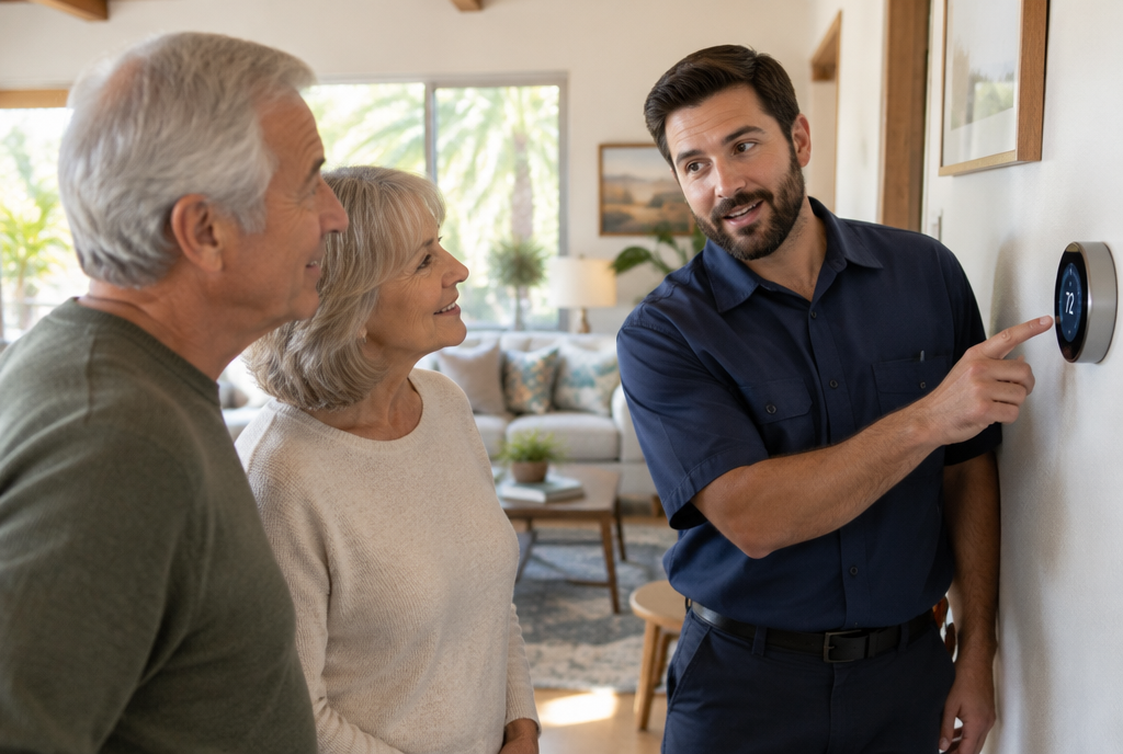 HVAC technician explaining a thermostat to homeowners