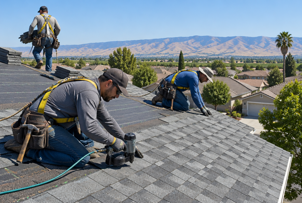 Roofing crew installing shingles on a home