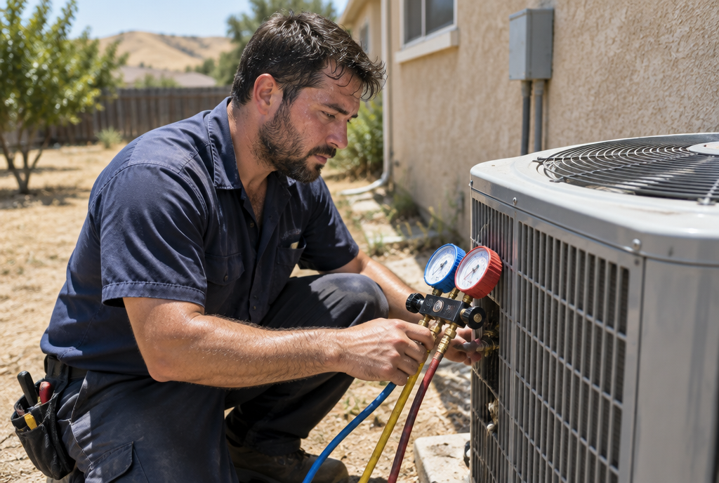 HVAC technician servicing an outdoor AC unit in summer