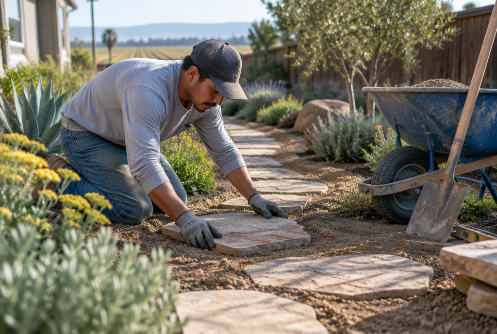 Landscaper laying stone pavers