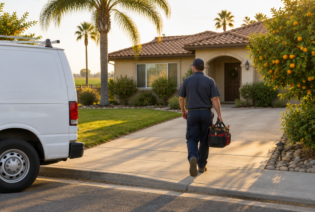 Plumber arriving at a Central Valley home with his tool bag