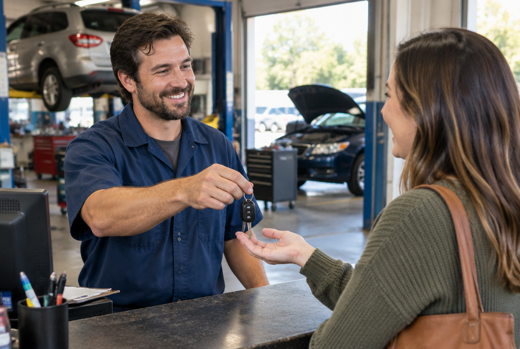 Mechanic handing keys back to a happy customer