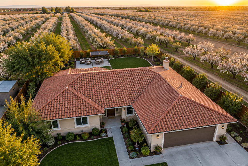 Aerial view of a finished tile roof with orchards behind
