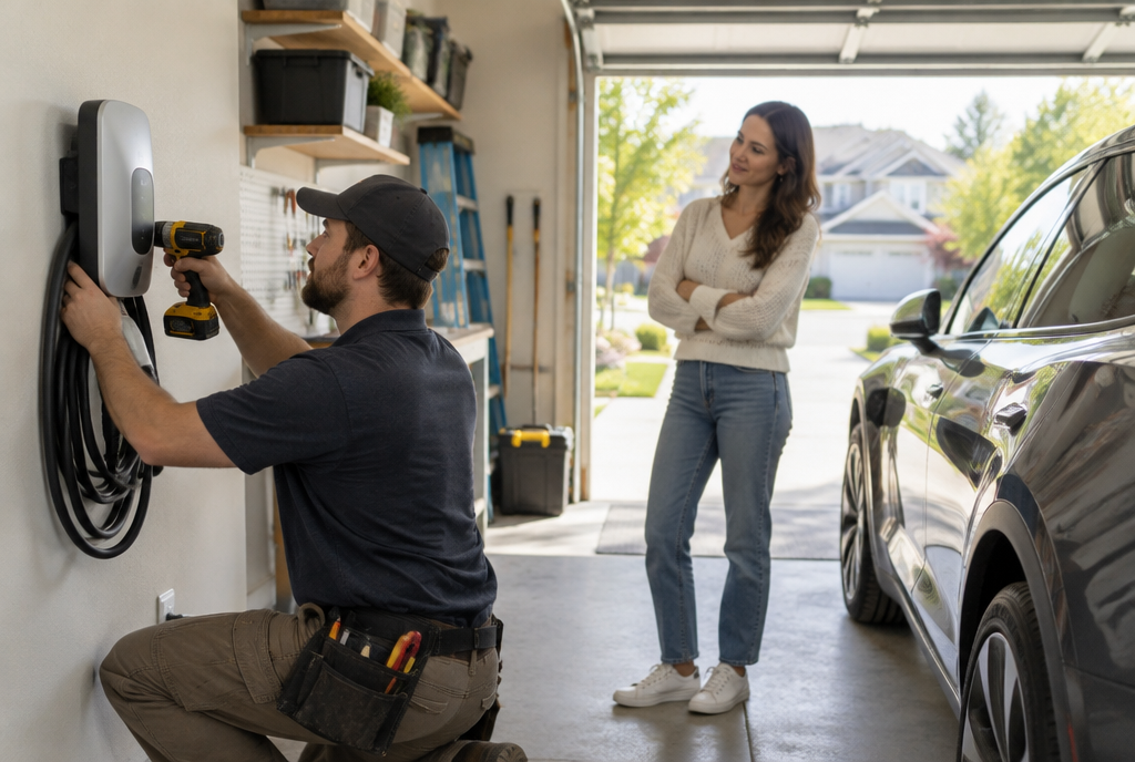 Electrician installing an EV charger in a garage