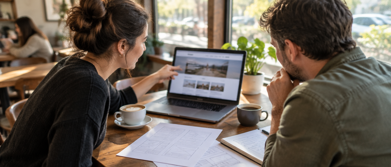 Designer and business owner reviewing a website over coffee