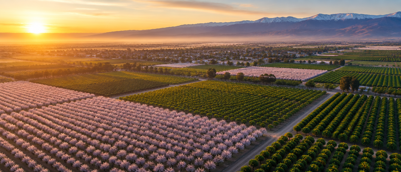 Aerial view of Central Valley orchards at sunrise with the Sierra foothills