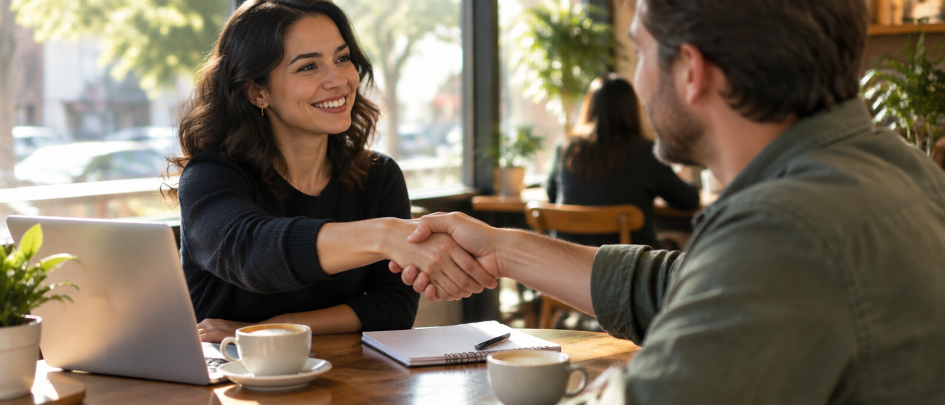 Two people shaking hands after a meeting at a coffee shop