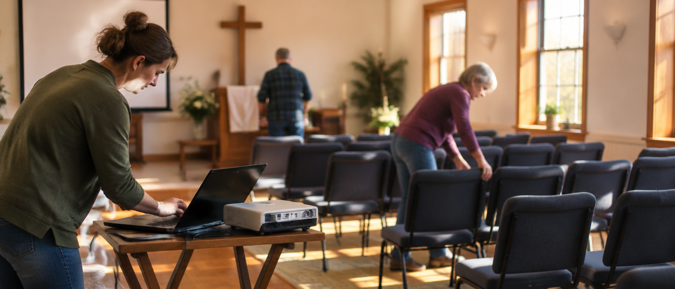 Church volunteers setting up a sanctuary before a service