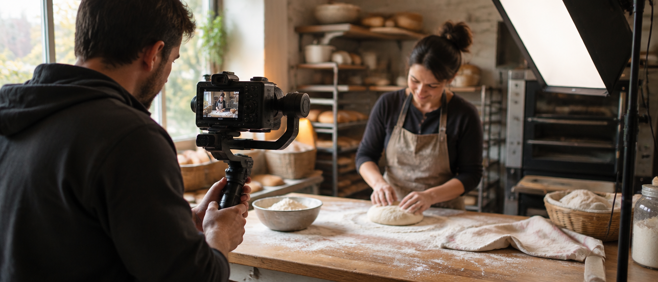Videographer filming a bakery owner with a cinema camera